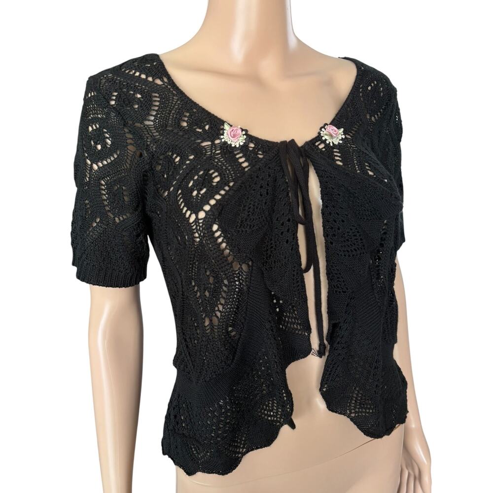 Sweet Kizz Y2K Tie Front Knit Cardigan Top S Black Coquette Boho Made USA